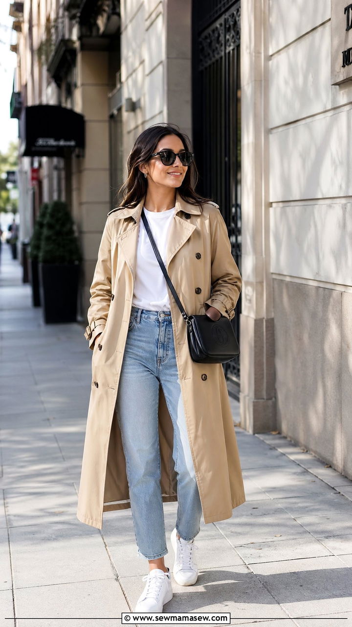 Classic Beige Trench Coat With Jeans And White Tee - 35 trench coat outfits for women