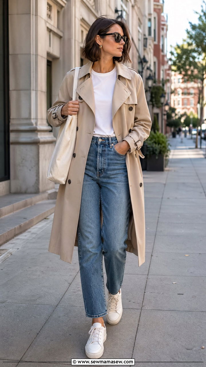 Classic Beige Trench Coat With White Tee And Straight Leg Jeans - 40 trench coat outfits