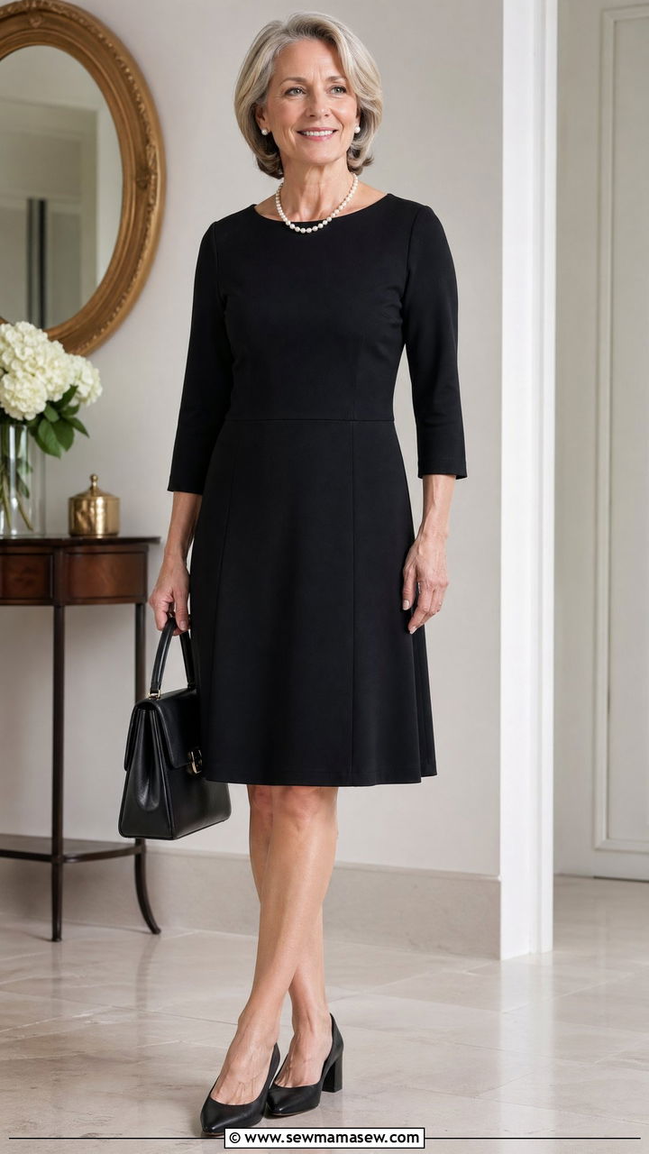 Classic Black Dress With Pearls And Low Block Heels - 35 Classy outfits for women over 50