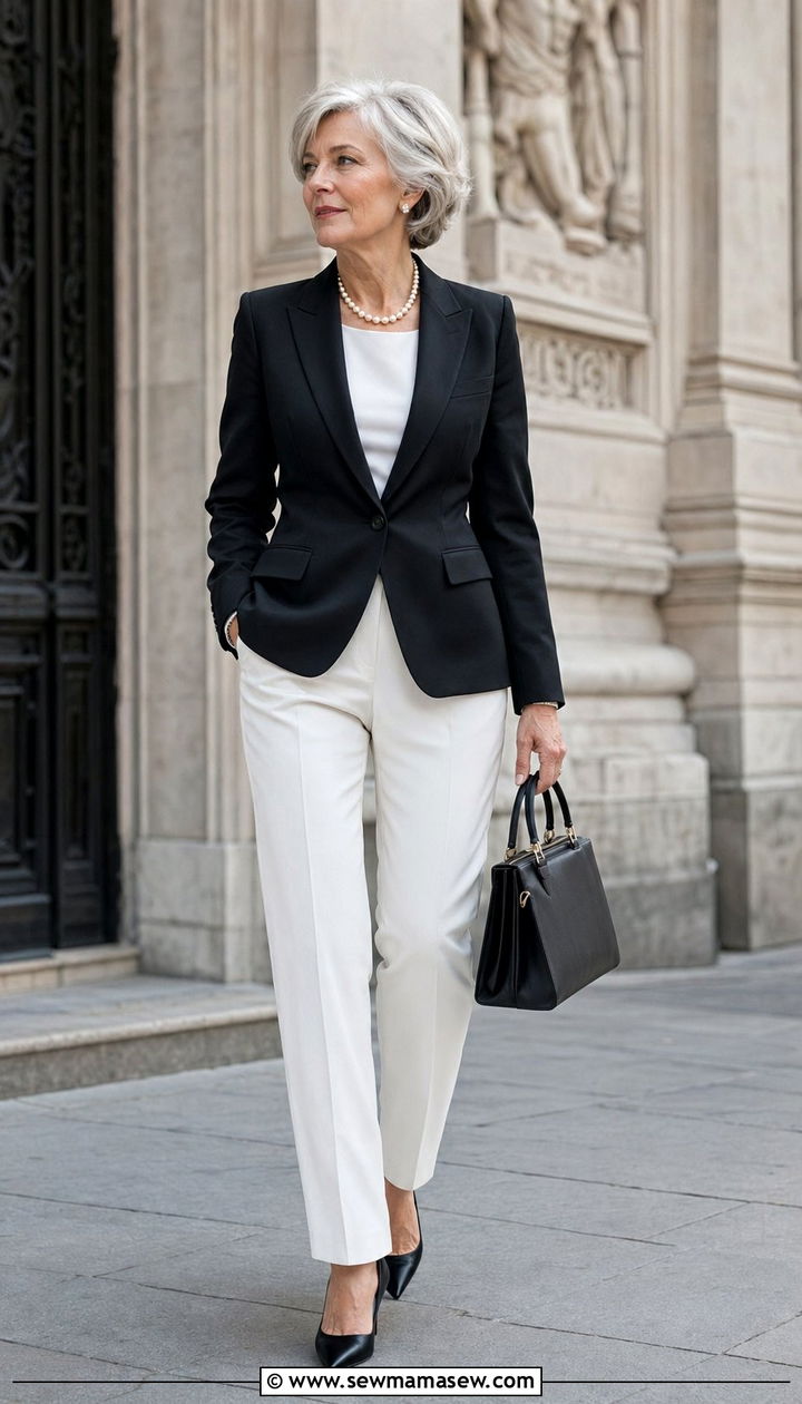 Classic Black Jacket With White Tailored Trousers - 35 Outfit ideas for women over 75