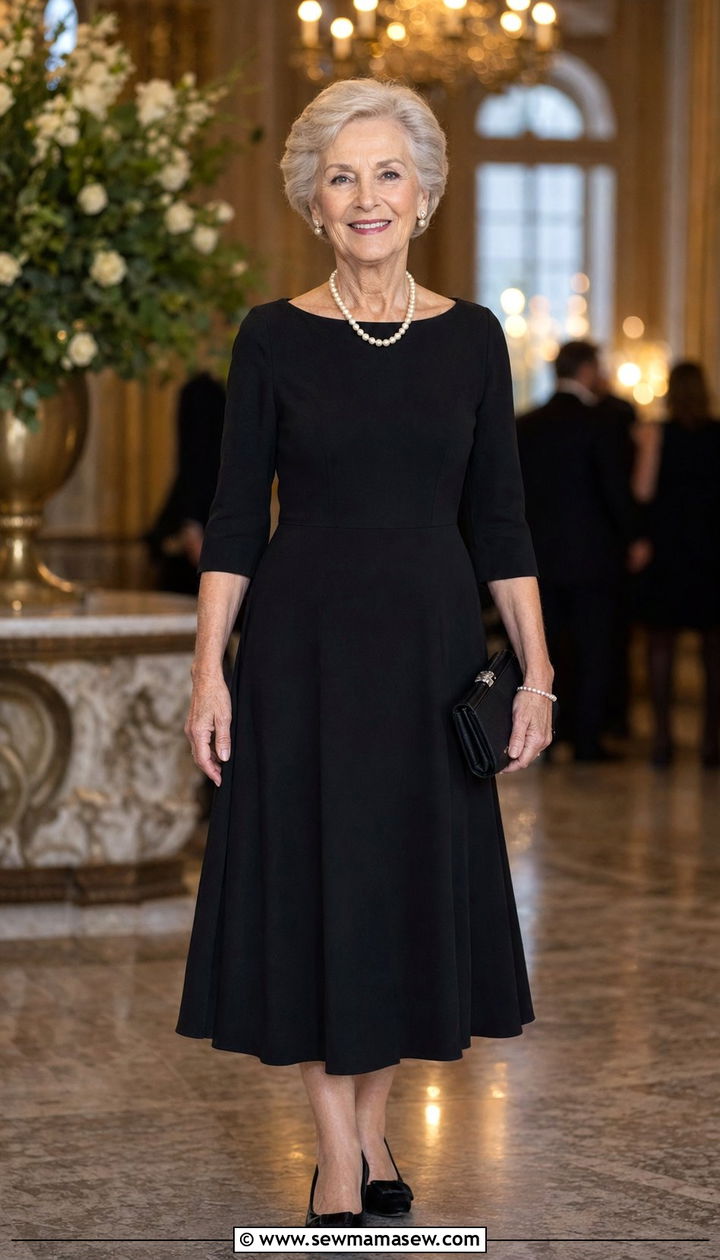 Classic Black Midi Dress with Sleeves and Pearls - 35 Outfit ideas for women over 70 2026