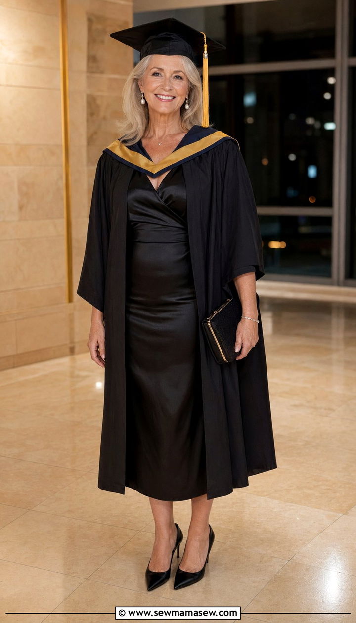 Classic Black Satin Midi Dress With Pumps - 35 Graduation outfits for women over 50