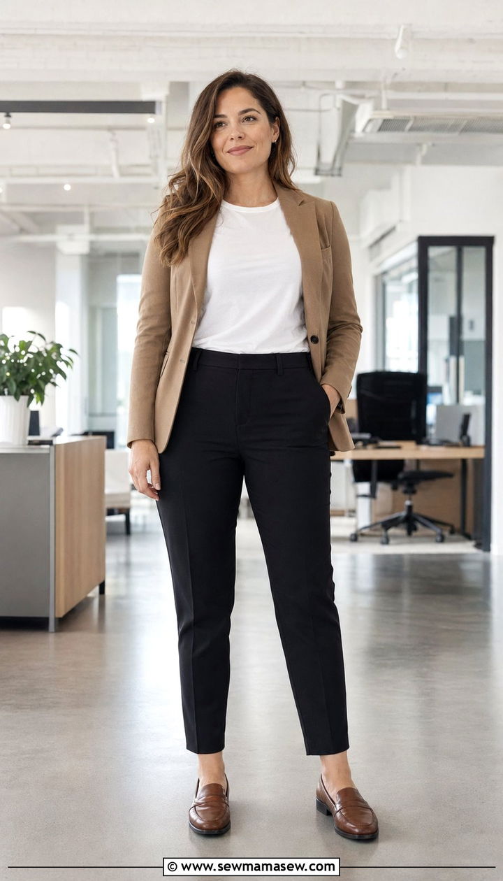 Classic Blazer With Neutral Basics And Loafers - 30 Work outfits for midsize women
