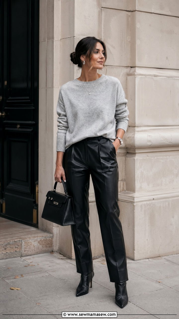 Classic Crewneck Sweater and Faux Leather Trousers Outfit - 35 transitional classy outfit ideas
