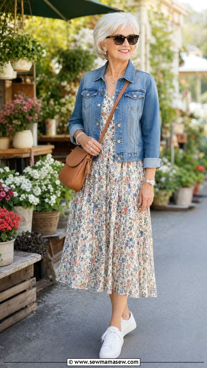 Classic Denim Jacket With Floral Dress - 35 Outfit ideas for women over 75