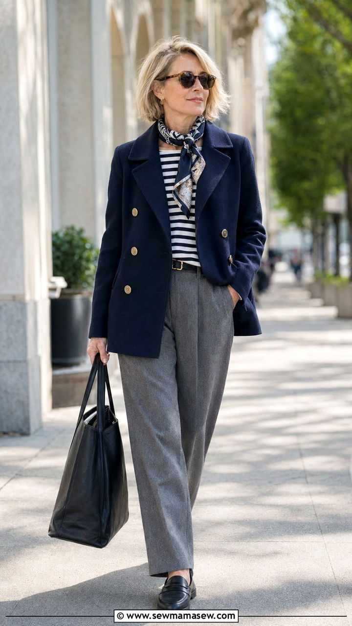 Classic Peacoat and Tailored Trousers - 35 Old money outfits for women over 50
