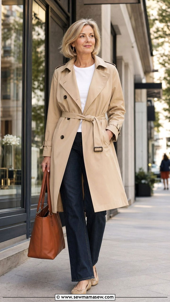 Classic Trench Coat Over Denim and a White Tee - 30 Best jackets for women over 50