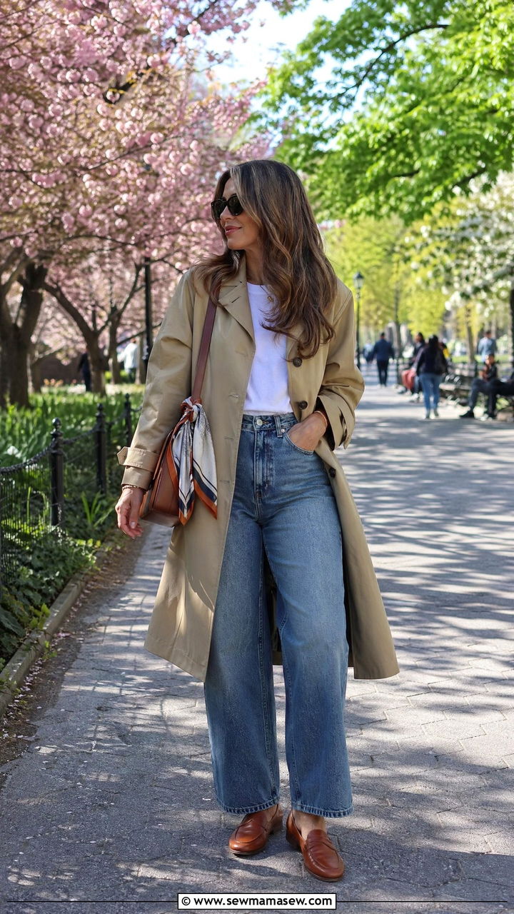 Classic Trench Coat Wide Leg Jeans And Loafers - 35 spring street style outfit ideas