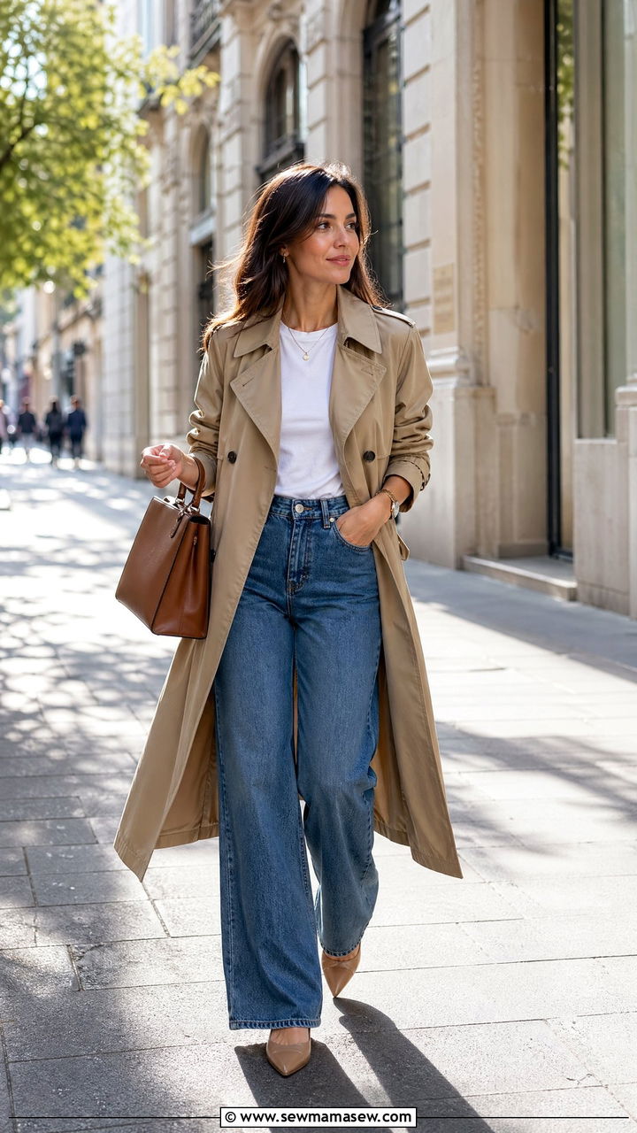 Classic Trench Coat With A White Tee And Wide Leg Jeans - 35 casual outfits aesthetic