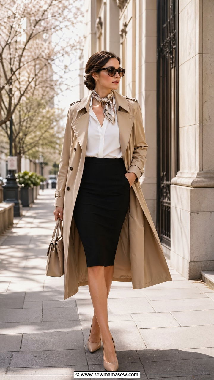 Classic Trench Coat With Pencil Skirt And Silk Neck Scarf - 35 spring old money outfits