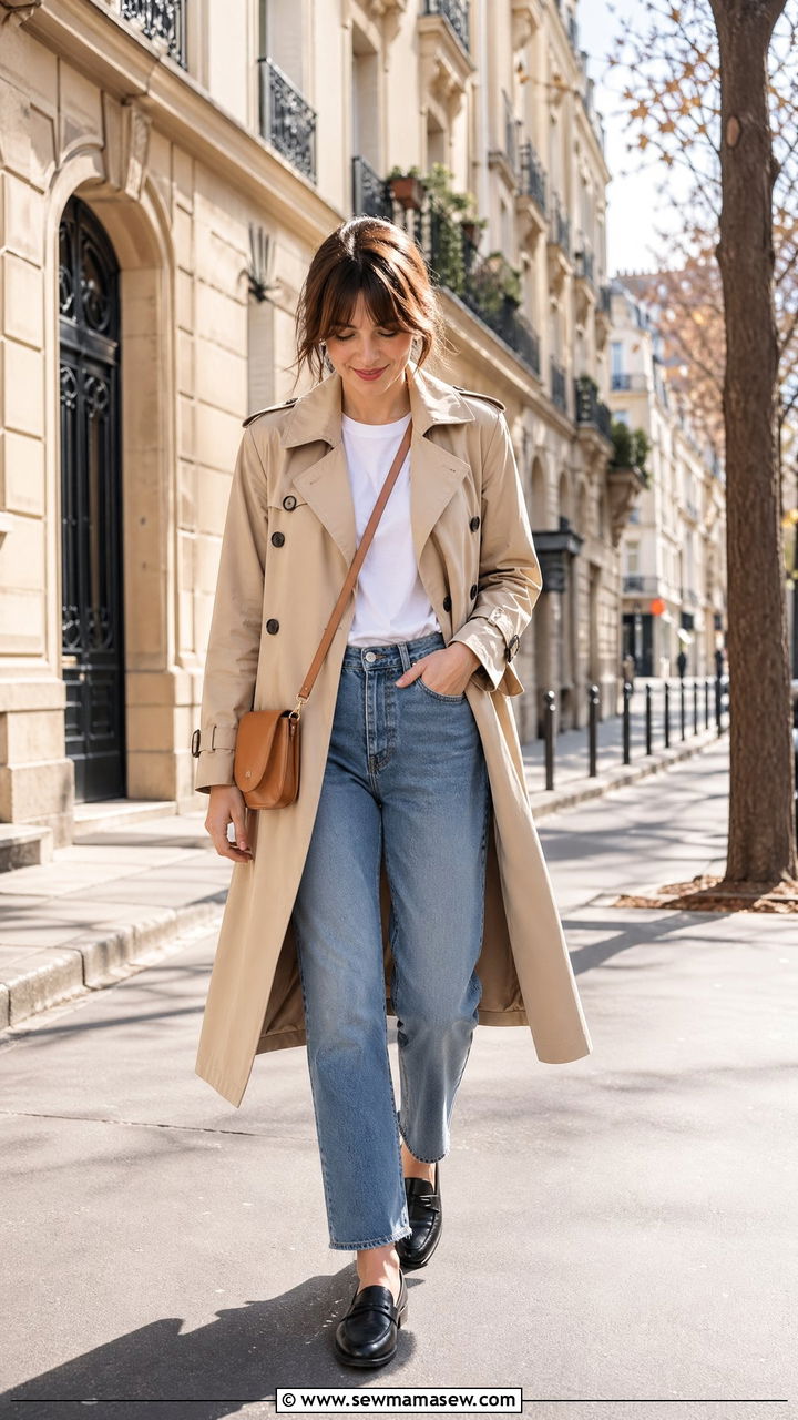 Classic Trench Coat With Straight Leg Jeans And Loafers - 35 spring french girl outfits
