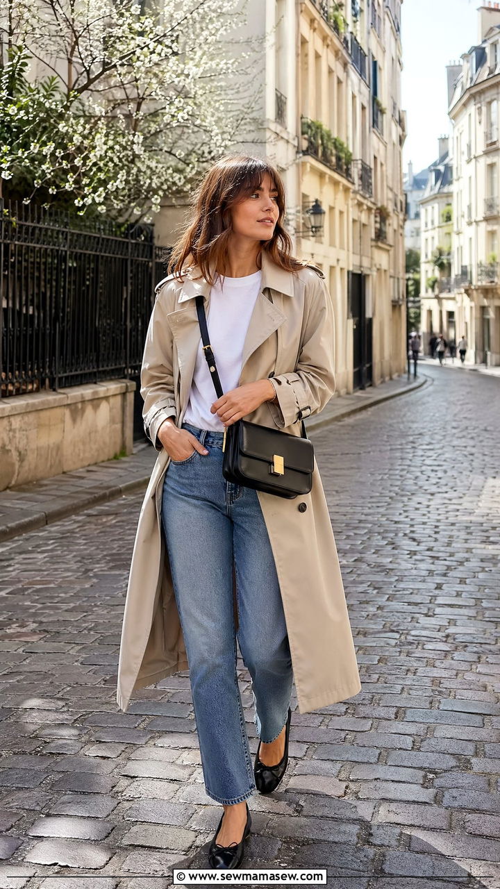 Classic Trench Coat With White Tee And Straight Leg Jeans - 35 spring parisian outfit ideas