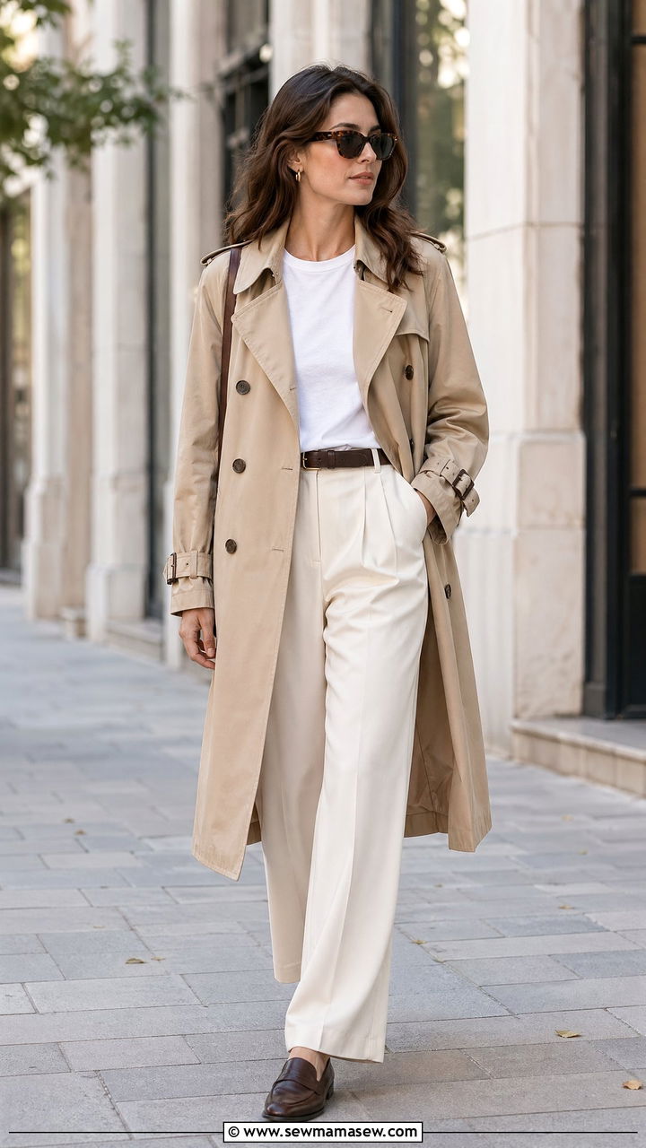 Classic Trench Coat With Wide Leg Trousers - 35 spring classy outfit ideas