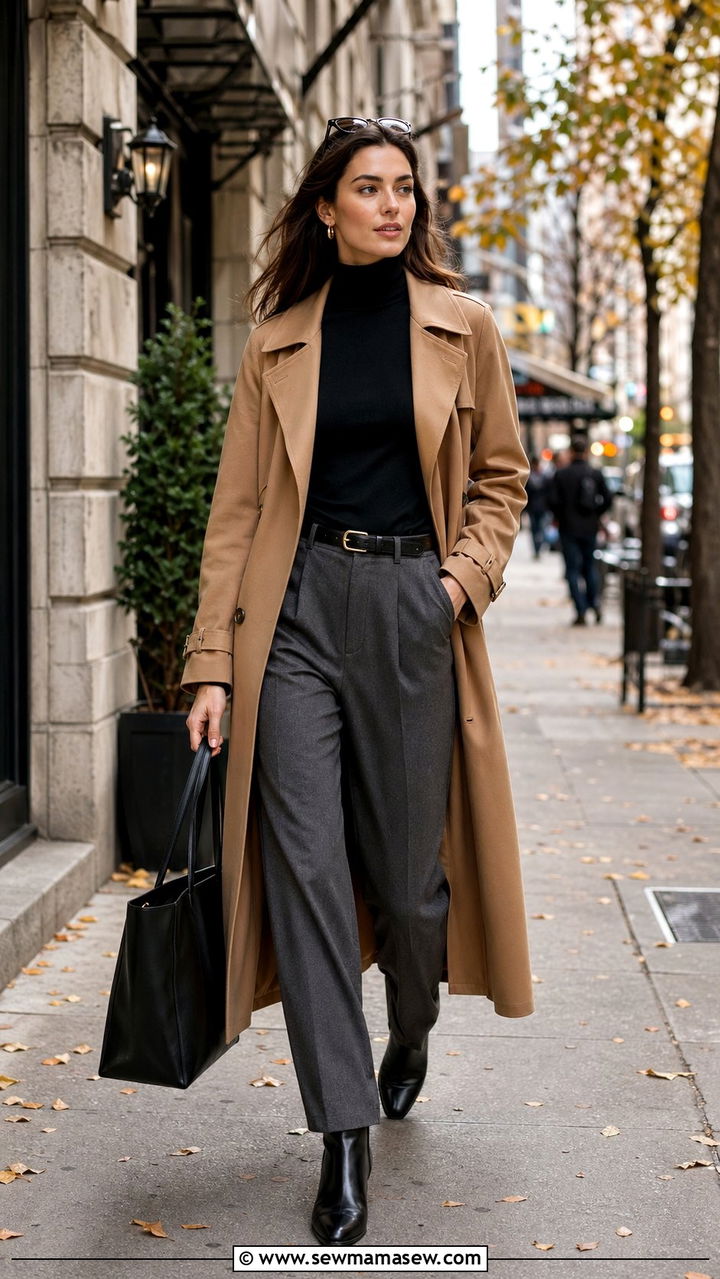 Classic Trench Coat over Turtleneck and Relaxed Trousers - 35 Outfit ideas for tall women