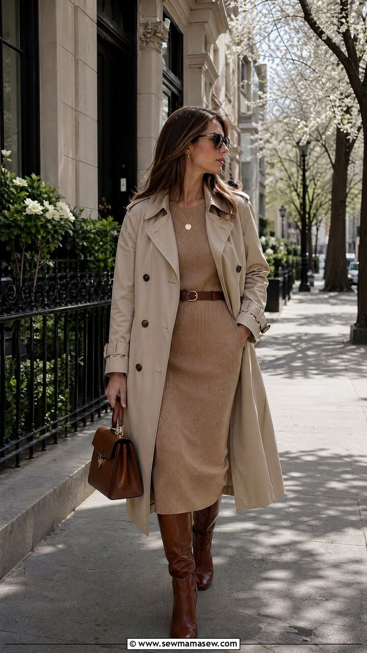 Classic Trench Coat over a Knit Midi Dress - 35 classy old money outfit ideas