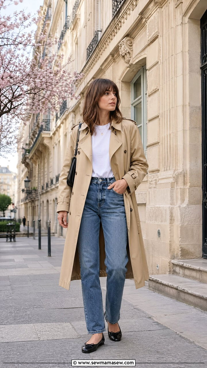 Classic Trench Coat with Straight Leg Jeans and Ballet Flats - 35 Spring Paris outfit ideas