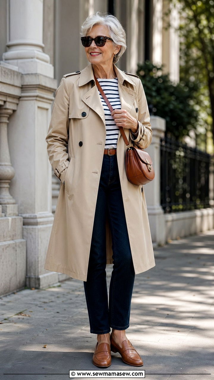Classic Trench Coat with Straight Leg Jeans and Loafers - 35 Outfit ideas for women over 70 2026