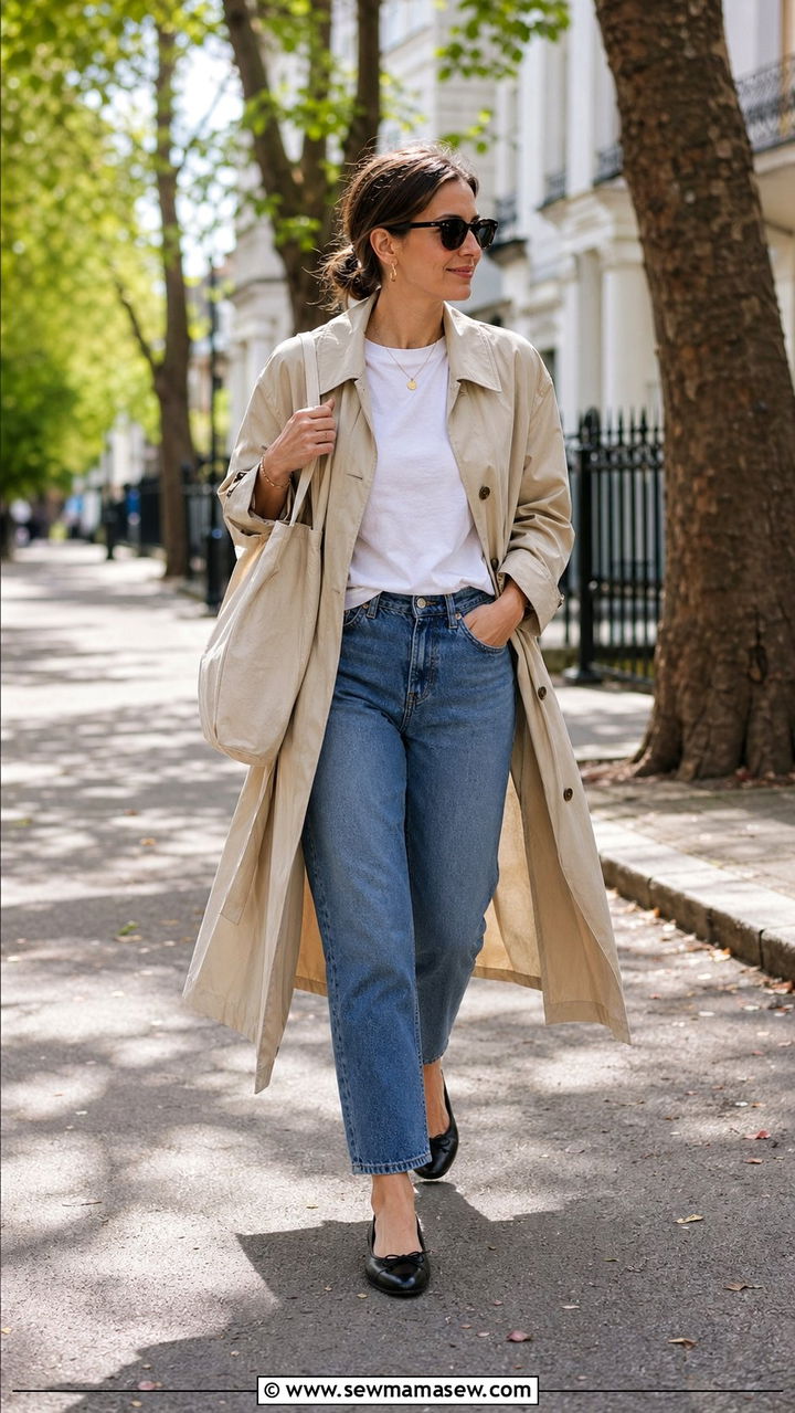 Classic Trench Coat with White Tee and Cropped Jeans - 35 outfit ideas for women over 30