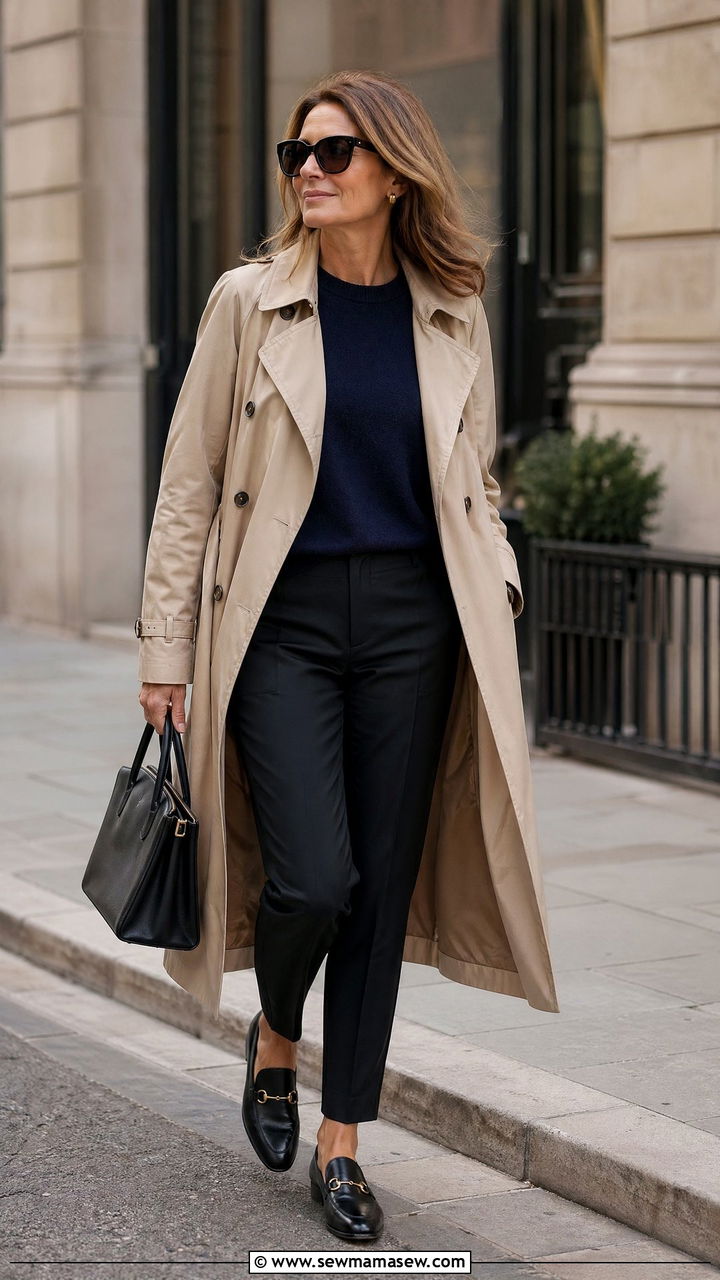 Classic Trench With a Sweater and Trousers - 35 Chic outfit ideas for women over 40