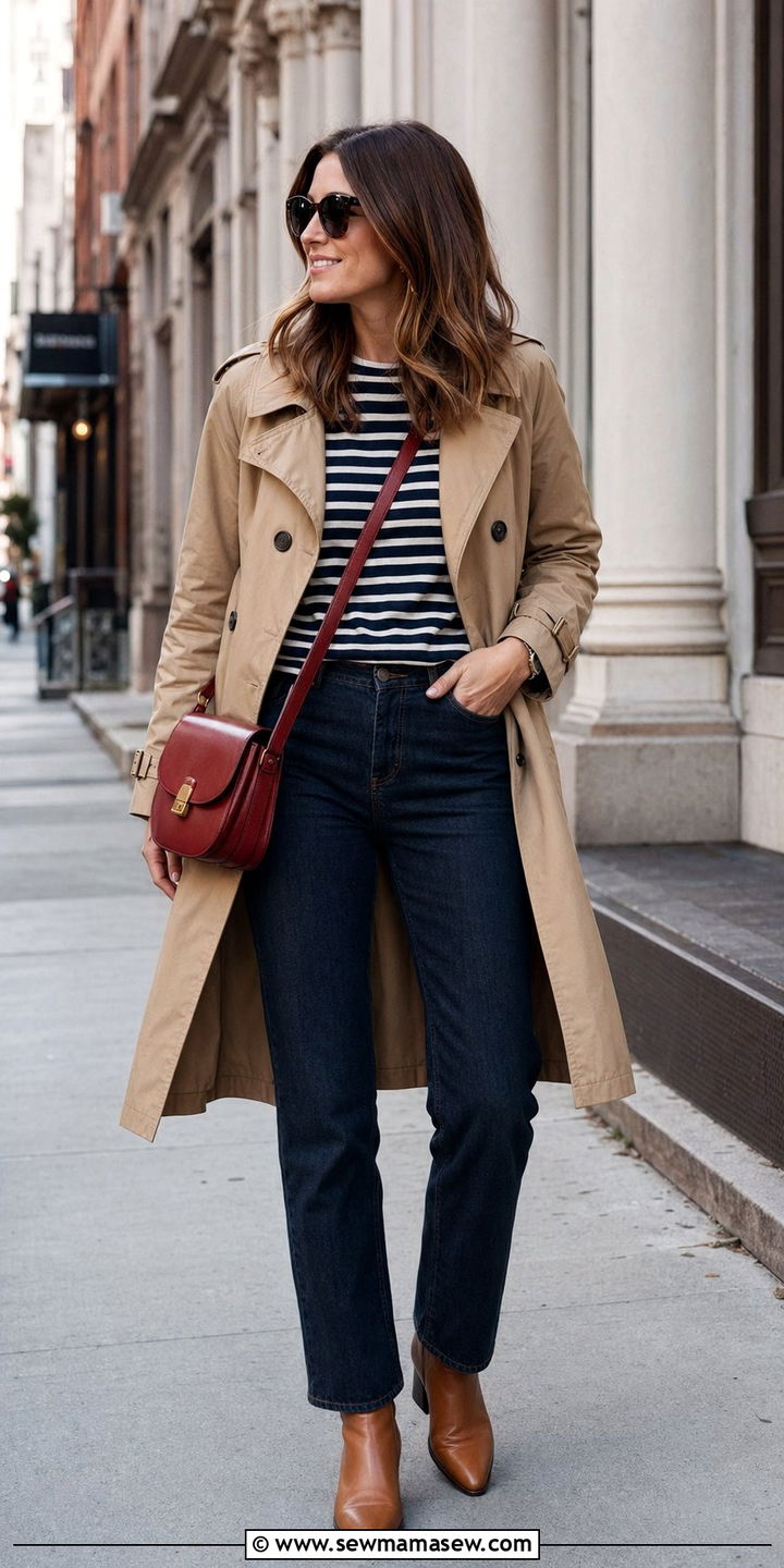 Classic Trench with Stripes and Denim - 30 40 degree weather outfits