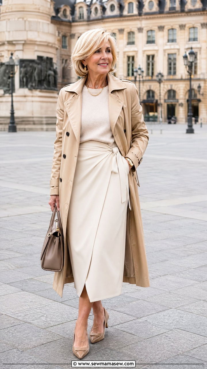 Classic Trench with Wrap Midi Skirt and Low Heels - 35 Spring capsule wardrobe for women over 50