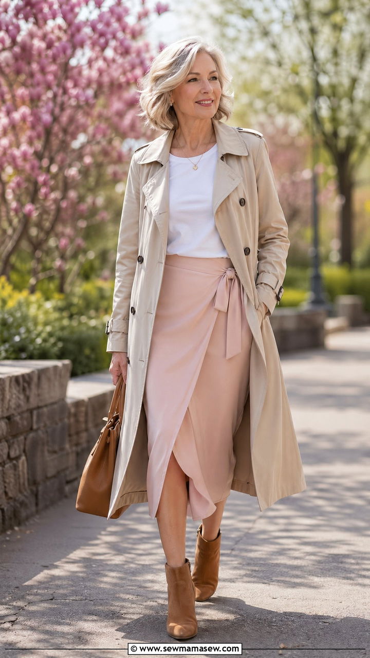 Classic Trench with Wrap Midi Skirt - 35 spring outfit ideas for women over 50