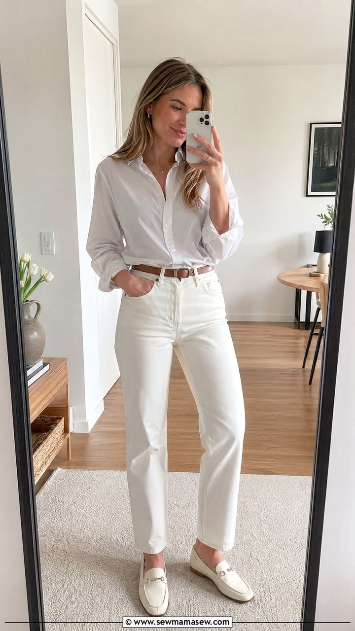 Classic White Button Down and Straight Leg White Jeans - 35 spring all white outfit ideas