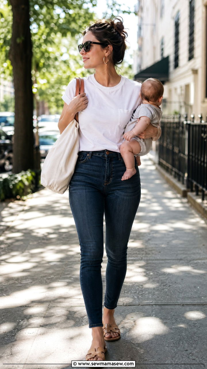 Classic White Tee and Dark Stretch Jeans Outfit - 35 casual outfits for new moms