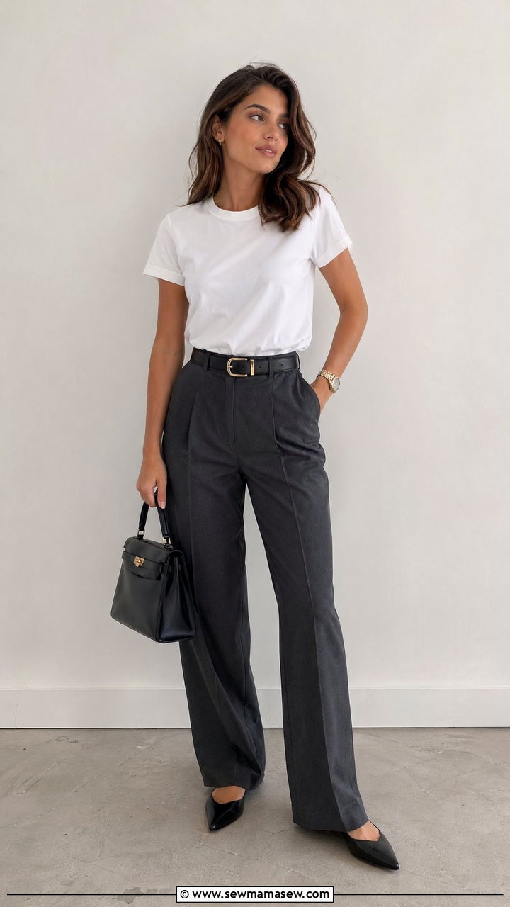 Classic White Tee with Tailored Trousers and Statement Belt - 35 classy spring to summer outfits