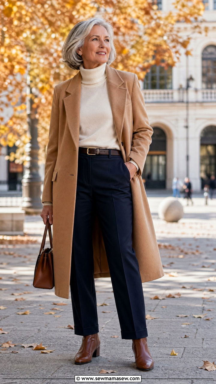 Classic Wool Coat With Tailored Pants - 35 Vacation outfit ideas for women over 60