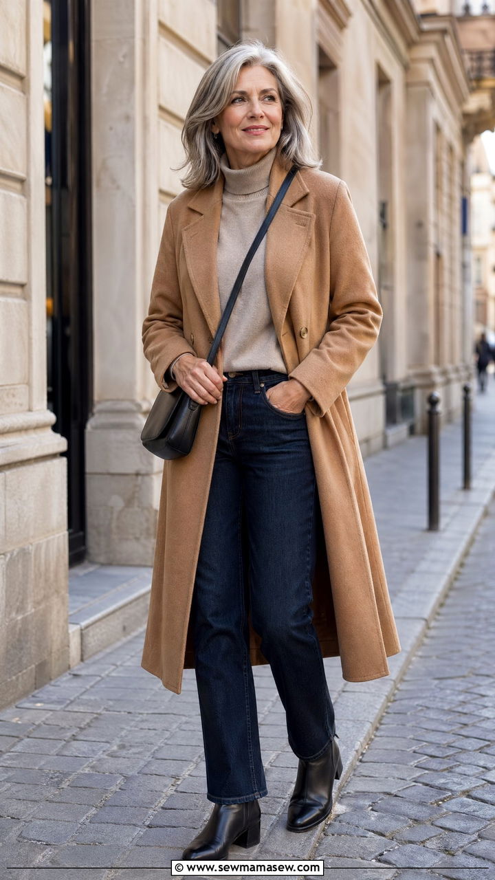 Classic Wool Coat with Dark Jeans and Ankle Boots - 35 Vacation outfit ideas for women over 50