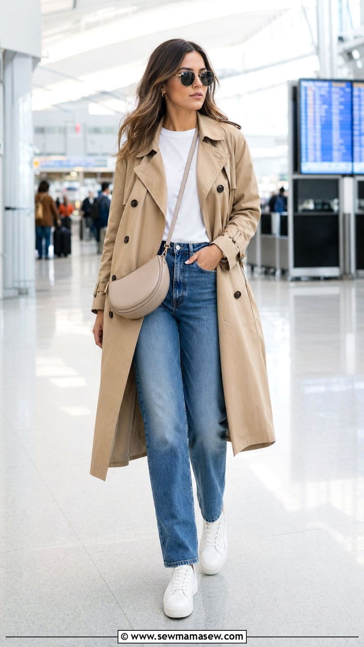 Classic beige trench coat with jeans and white sneakers - 30 Airport outfit ideas with a trench coat
