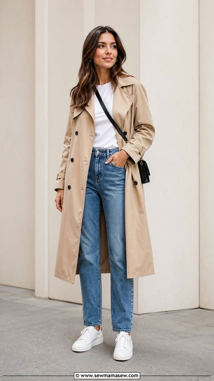 Classic beige trench coat with white tee and straight leg jeans - 35 trench coat outfits ideas