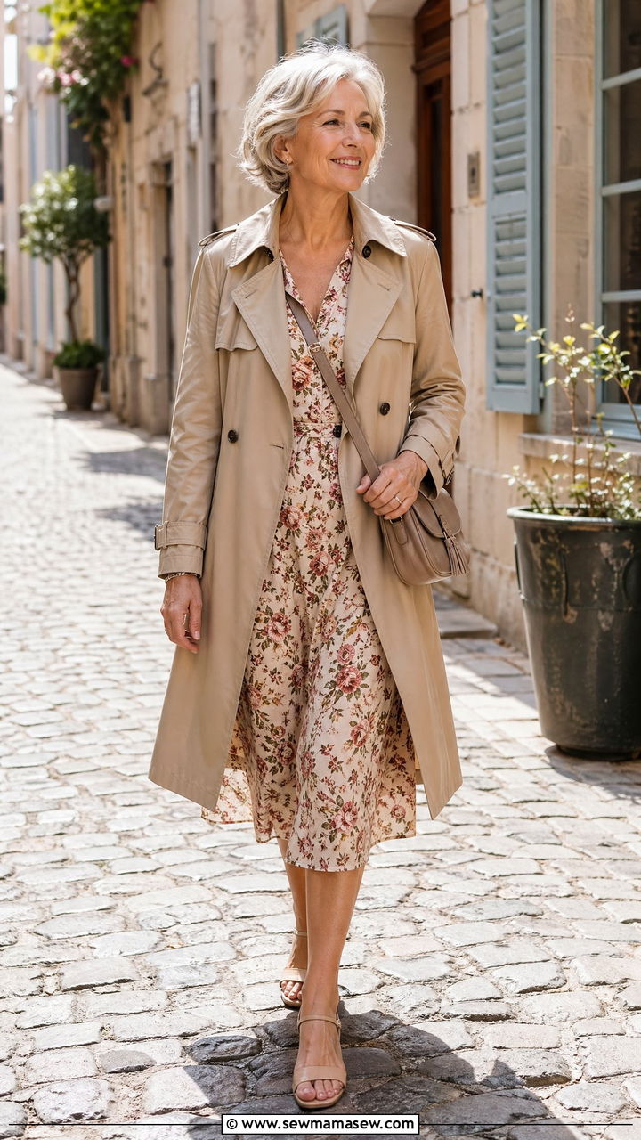 Classic trench coat over midi dress outfit - 35 Classy outfit ideas for women over 60