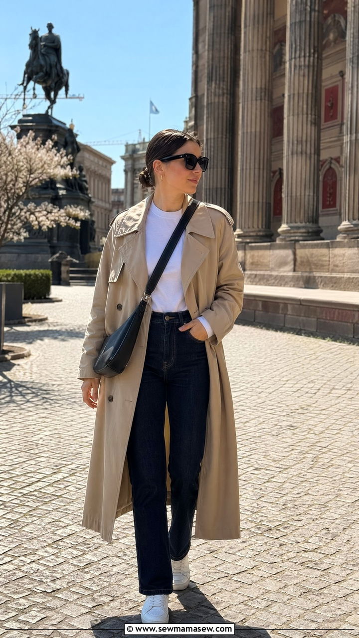 Classic trench coat with straight leg jeans and white sneakers - 40 What to wear in Berlin