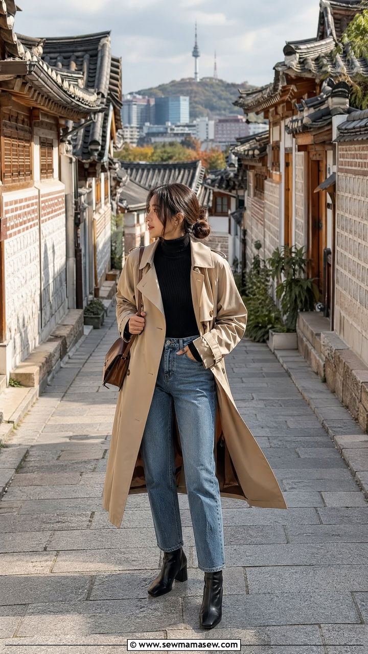 Classic trench coat with turtleneck and straight leg jeans - 35 Seoul vacation outfit ideas