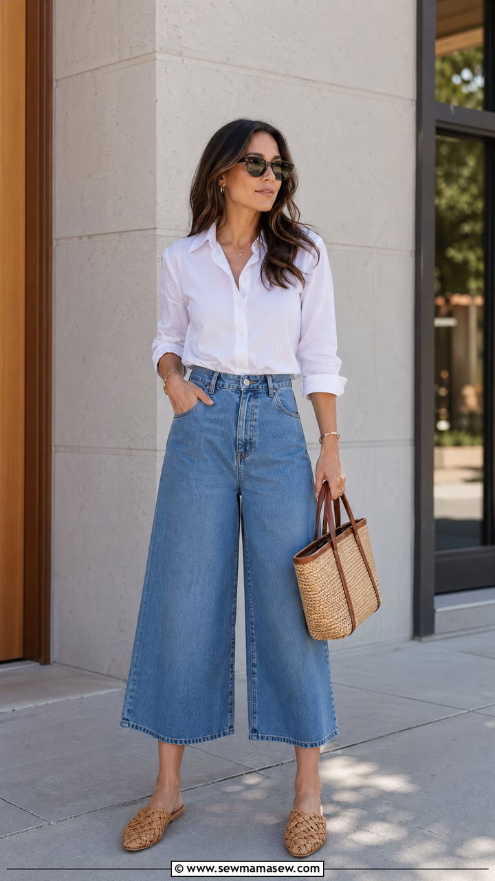 Classic white button down with denim culottes and woven mules - 35 spring to summer outfits for women