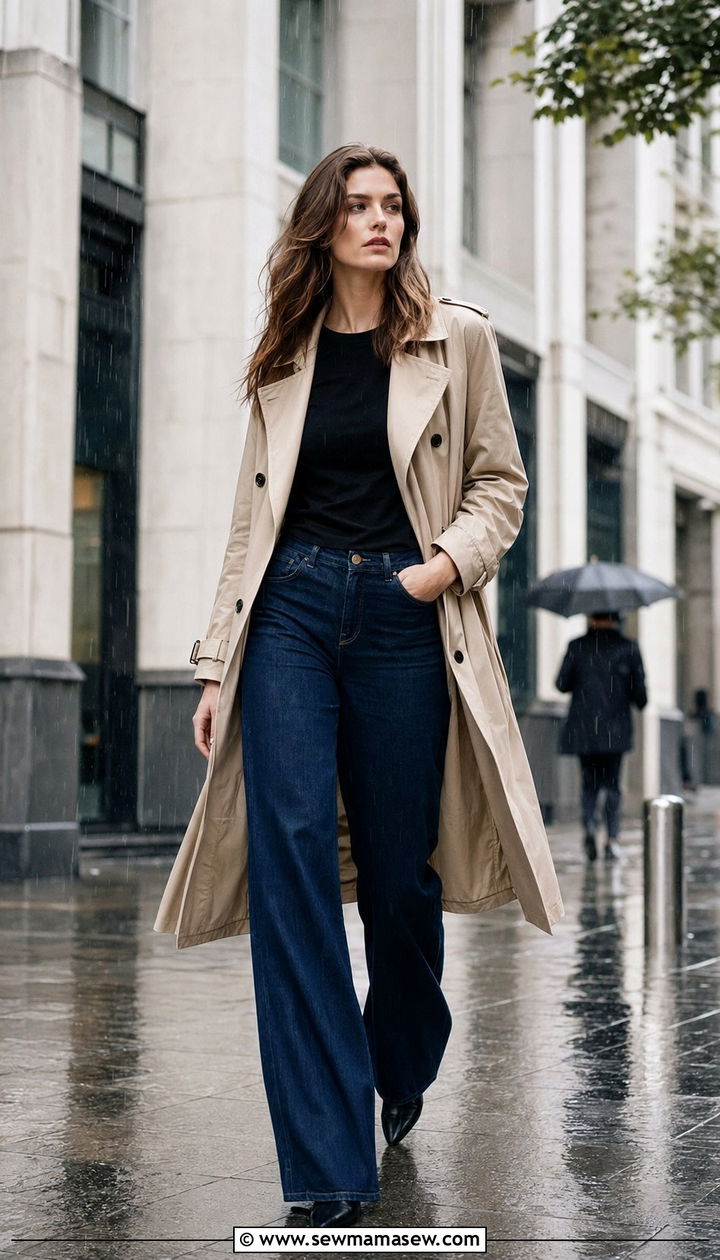 Clean Hem Wide Leg Jeans With a Trench Coat - 30 Best jeans for tall women