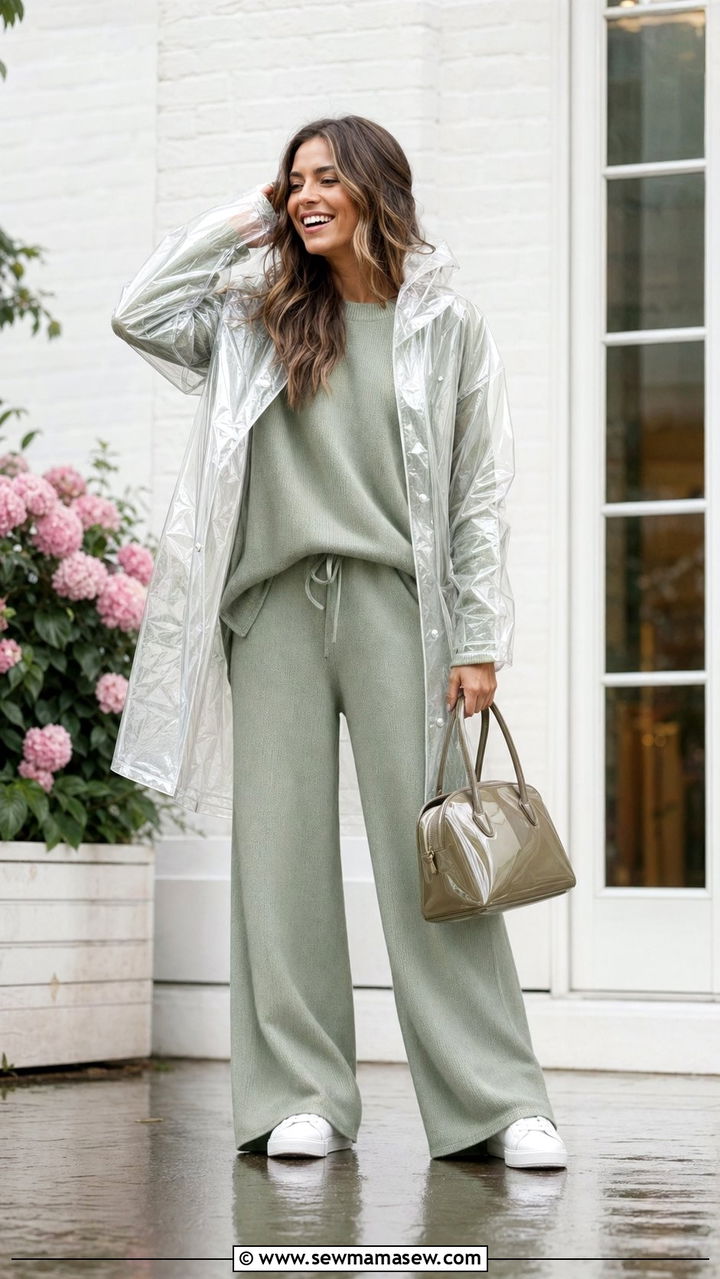 Clear raincoat over a matching knit set - 30 April showers outfit ideas