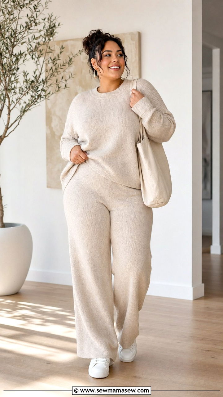 Co Ord Knit Set With White Sneakers - 30 Birthday outfit ideas plus size