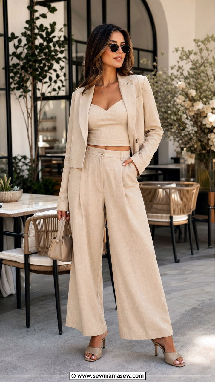 Co Ord Set with Cropped Jacket and Wide Leg Pants - 35 Outfit ideas for pear shape