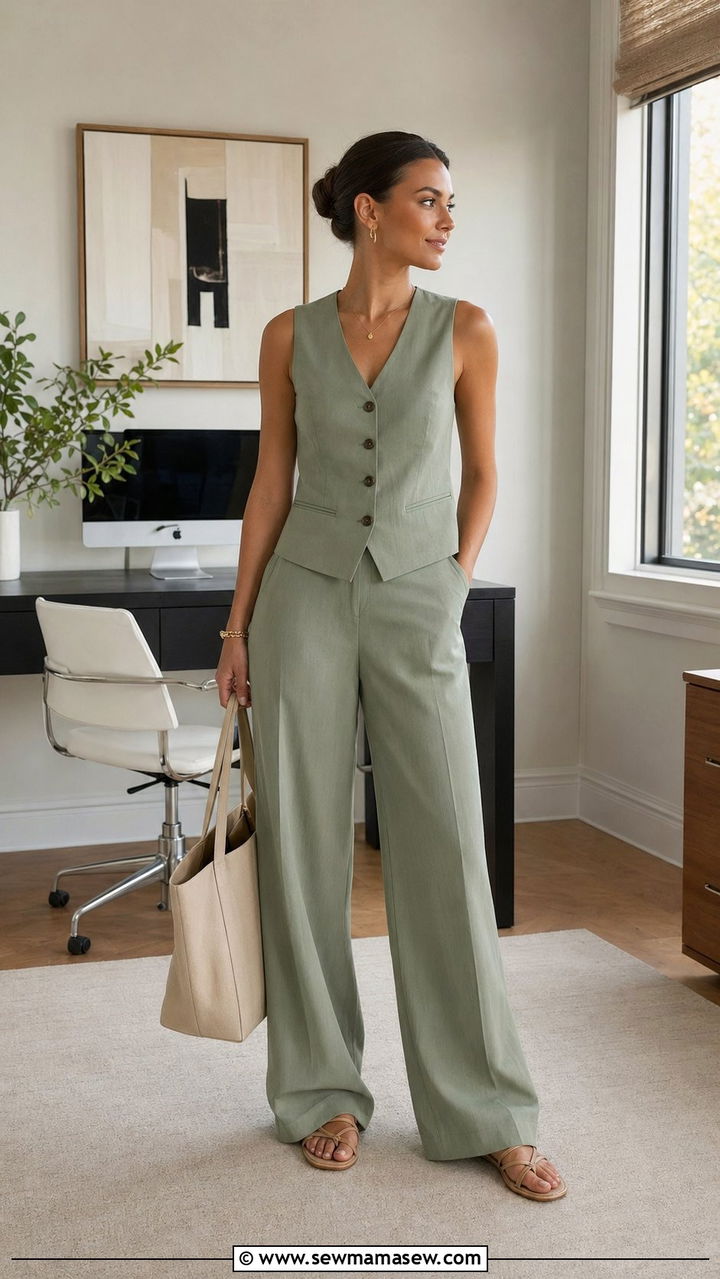 Co ord Sleeveless Vest and Wide Leg Pants Set - 30 Work from home outfits for summer