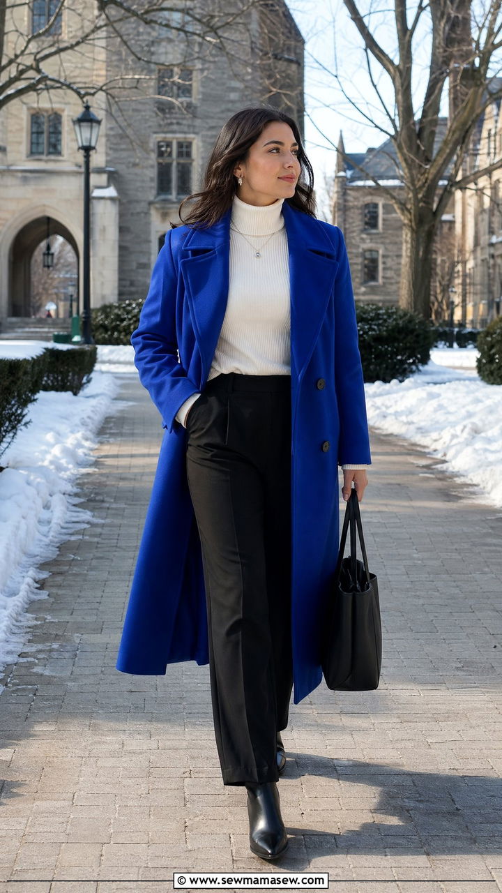 Cobalt Blue Statement Coat Over Neutral Basics - 35 college outfits 2026