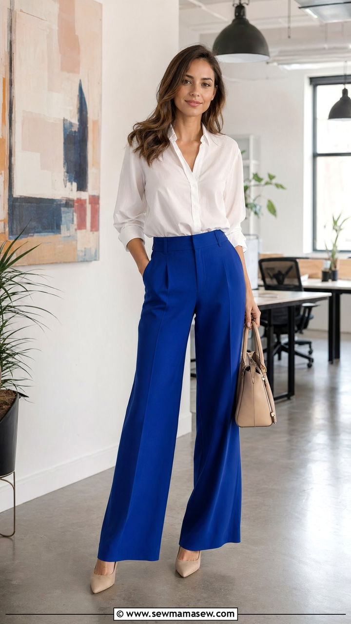 Cobalt Blue Wide Leg Pants Work Outfit - 30 Blue outfit ideas for work