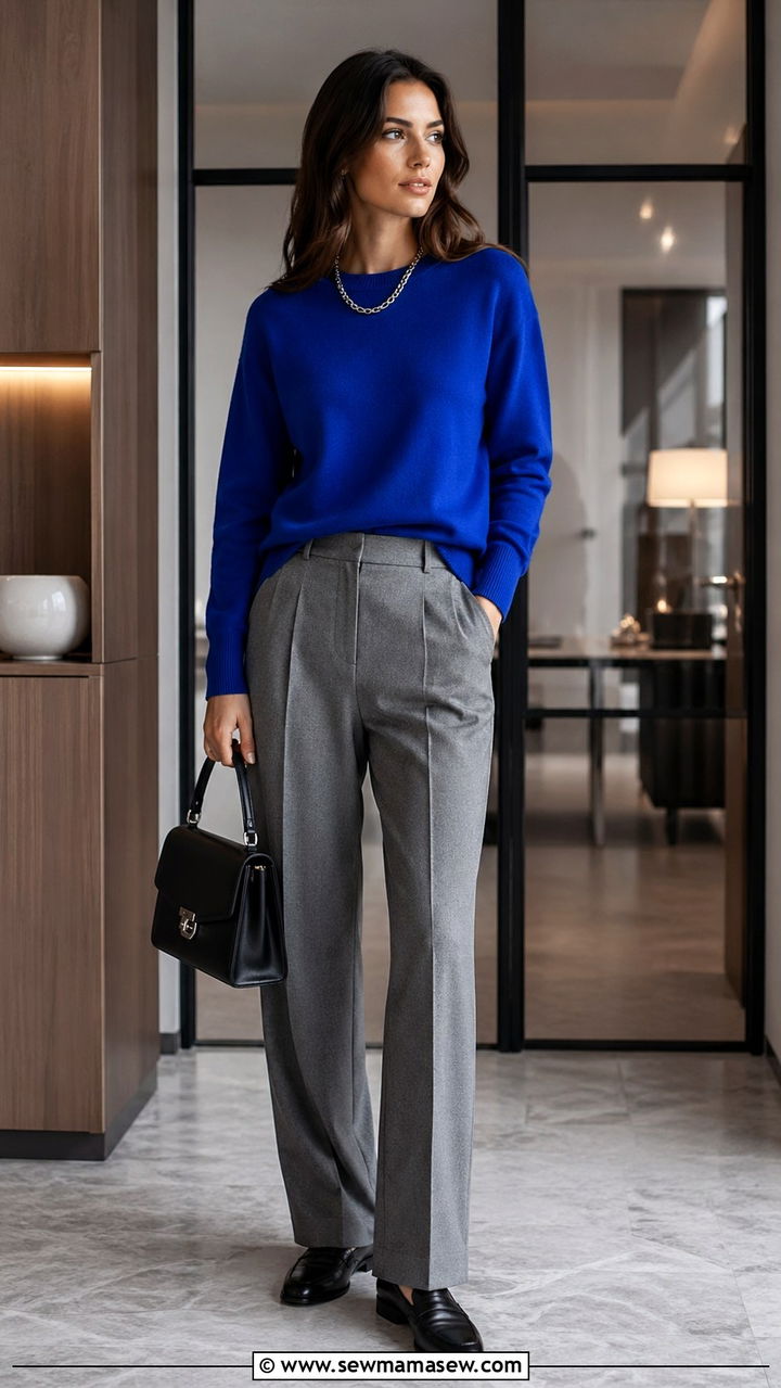 Cobalt blue cashmere sweater with grey wool trousers - 40 All cobalt blue outfit ideas
