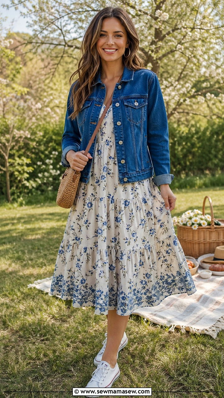 Cobalt blue denim jacket with floral dress - 40 All cobalt blue outfit ideas
