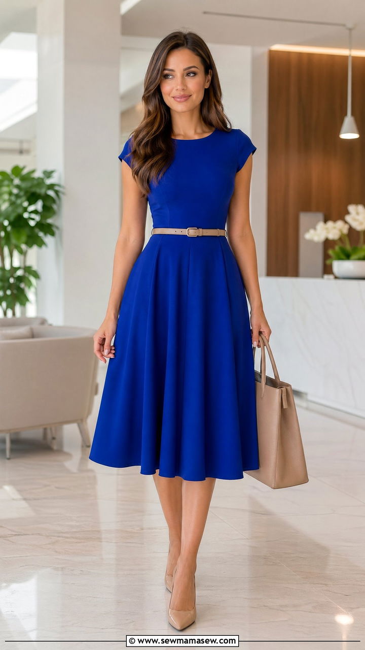 Cobalt blue fit and flare dress with nude accessories - 35 what to wear to a job interview