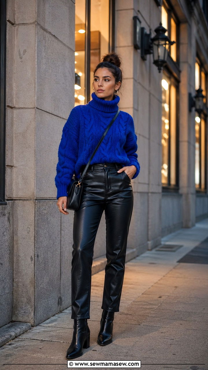 Cobalt blue knit sweater with black leather pants - 40 All cobalt blue outfit ideas
