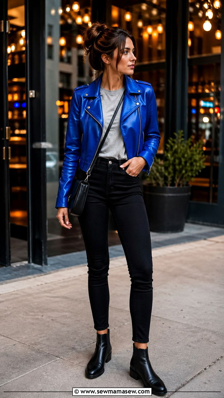 Cobalt blue leather jacket with black skinny jeans - 40 All cobalt blue outfit ideas