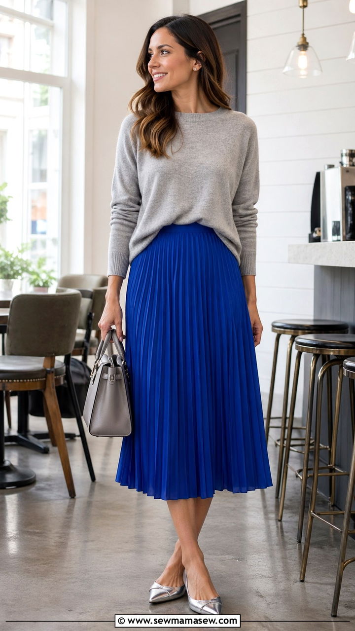 Cobalt blue pleated midi skirt with grey sweater - 40 All cobalt blue outfit ideas